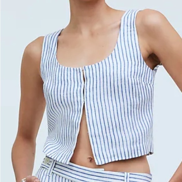 NWT Madewell Size 8 Scoopneck Crop Tank Ivory Blue Stripe 100% Linen Vest Hook - Picture 1 of 10